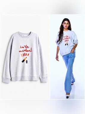 H&M La Vie en Couleur Graphic Sweatshirt XL Gray Lipstick Print Crewneck
